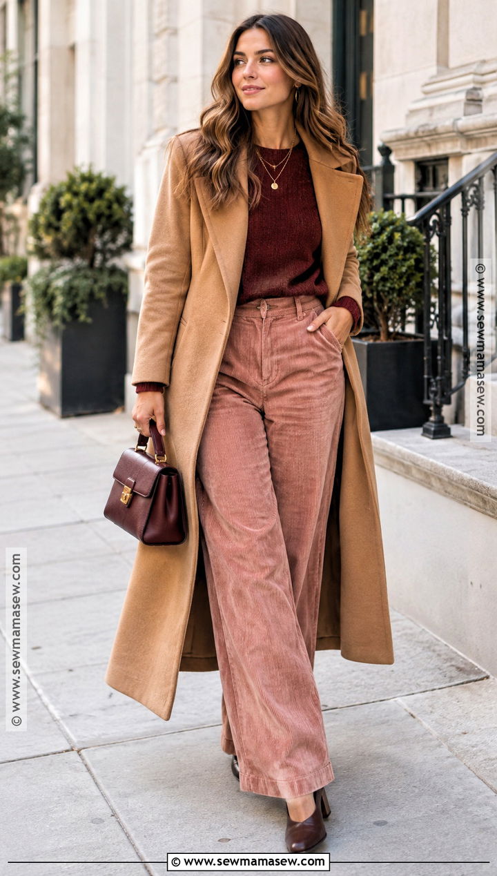 Pink Corduroy Pants With Burgundy Sweater And Mules - 20 Cordoury Pants Outfits Fall