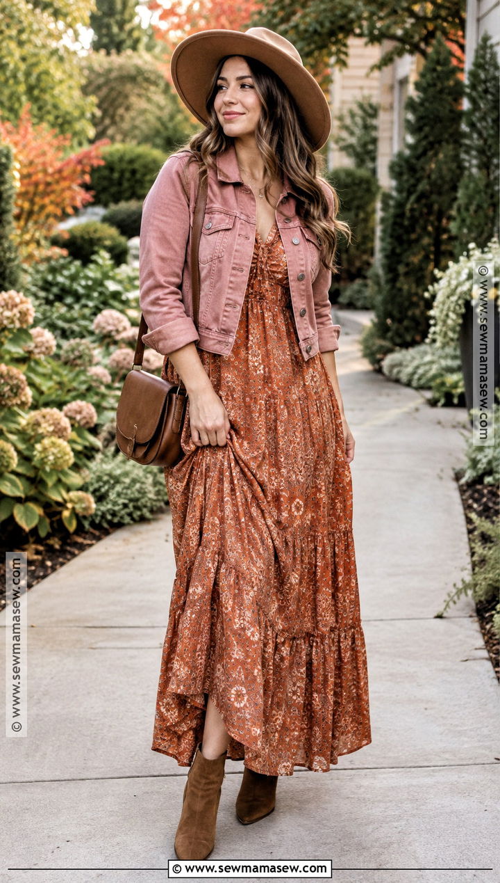 Pink Denim Jacket And Orange Maxi Dress Outfit - 15 pink and orange fall outfit ideas