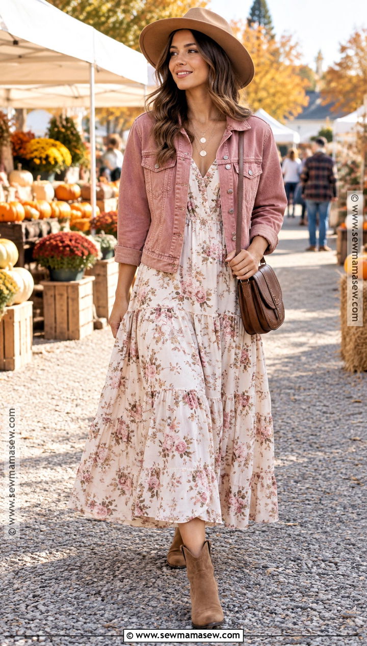 Pink Denim Jacket With Maxi Dress - 15 pink fall aesthetic outfits