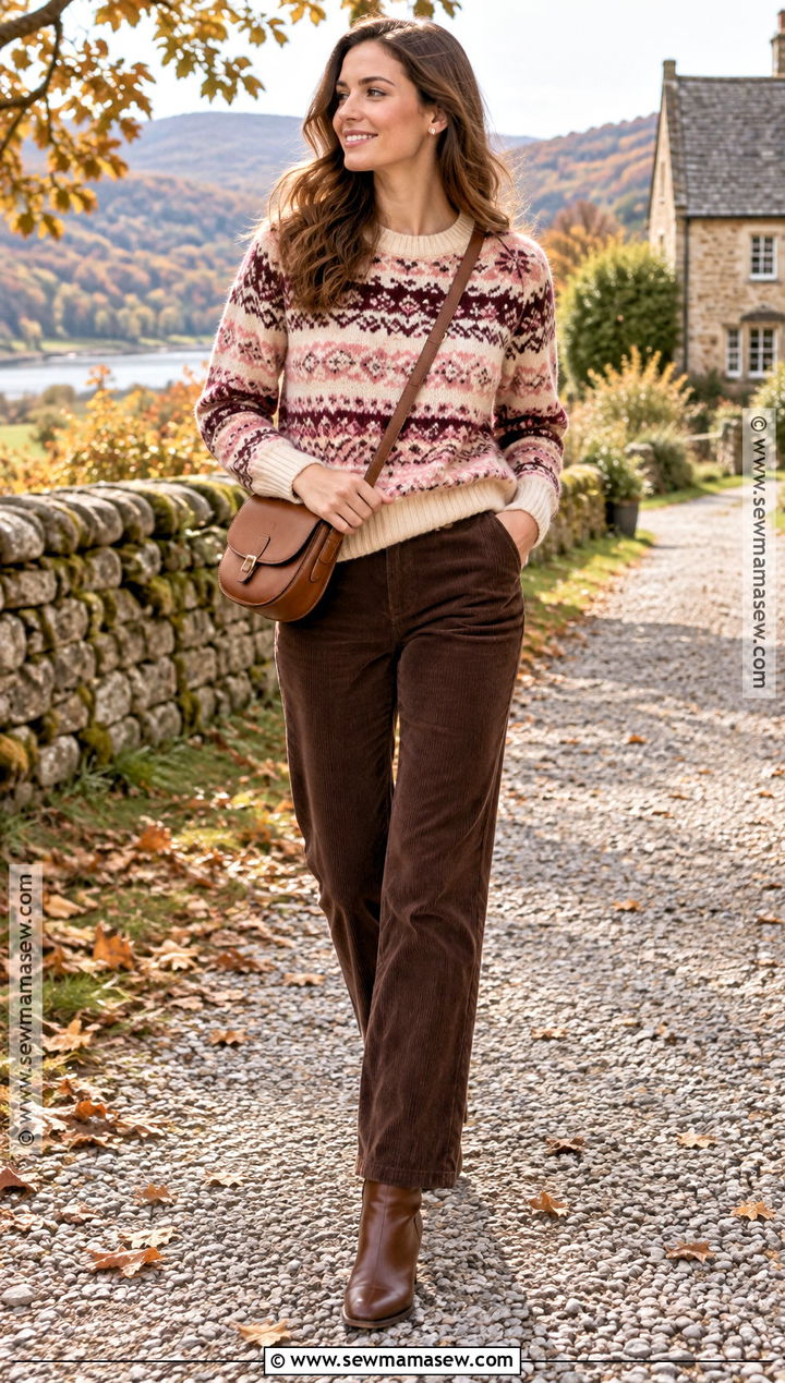 Pink Fair Isle Sweater With Corduroy Pants - 15 autumn pink knitwear ideas