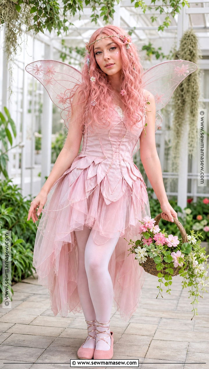Pink Fairy Costume With Floral Wings - 35 pink hair halloween costume ideas