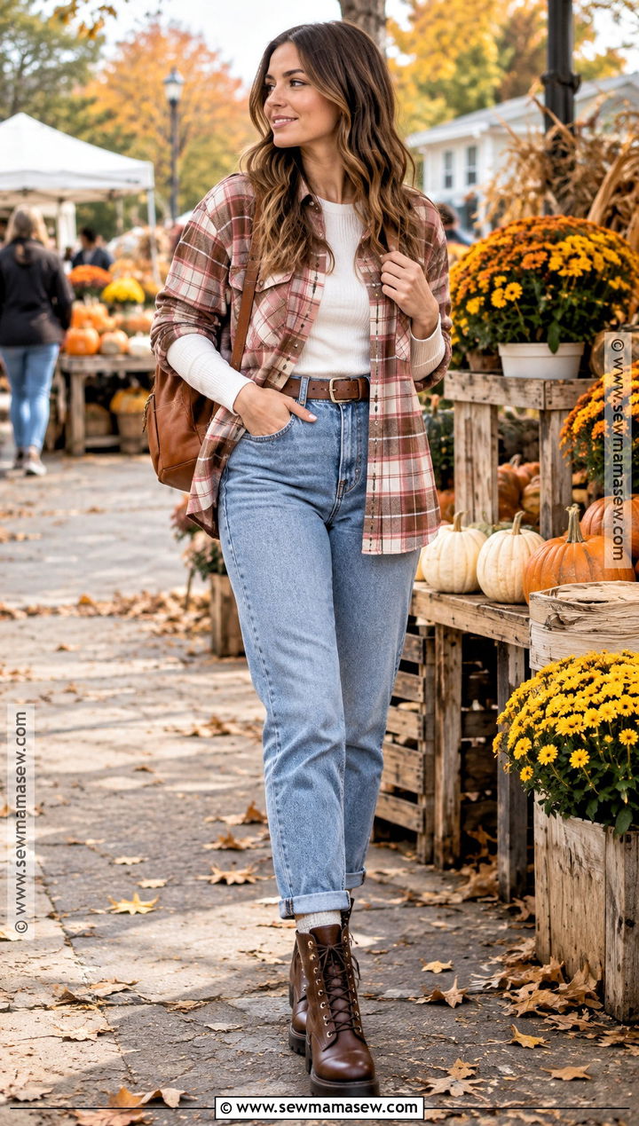 Pink Flannel Shirt and Mom Jeans Outfit - 25 pink fall outfits