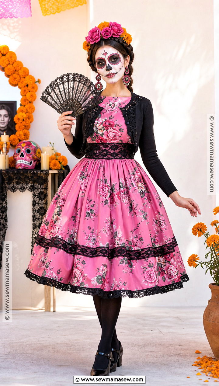 Pink Floral Catrina Costume - 30 dia de los muertos costumes for women