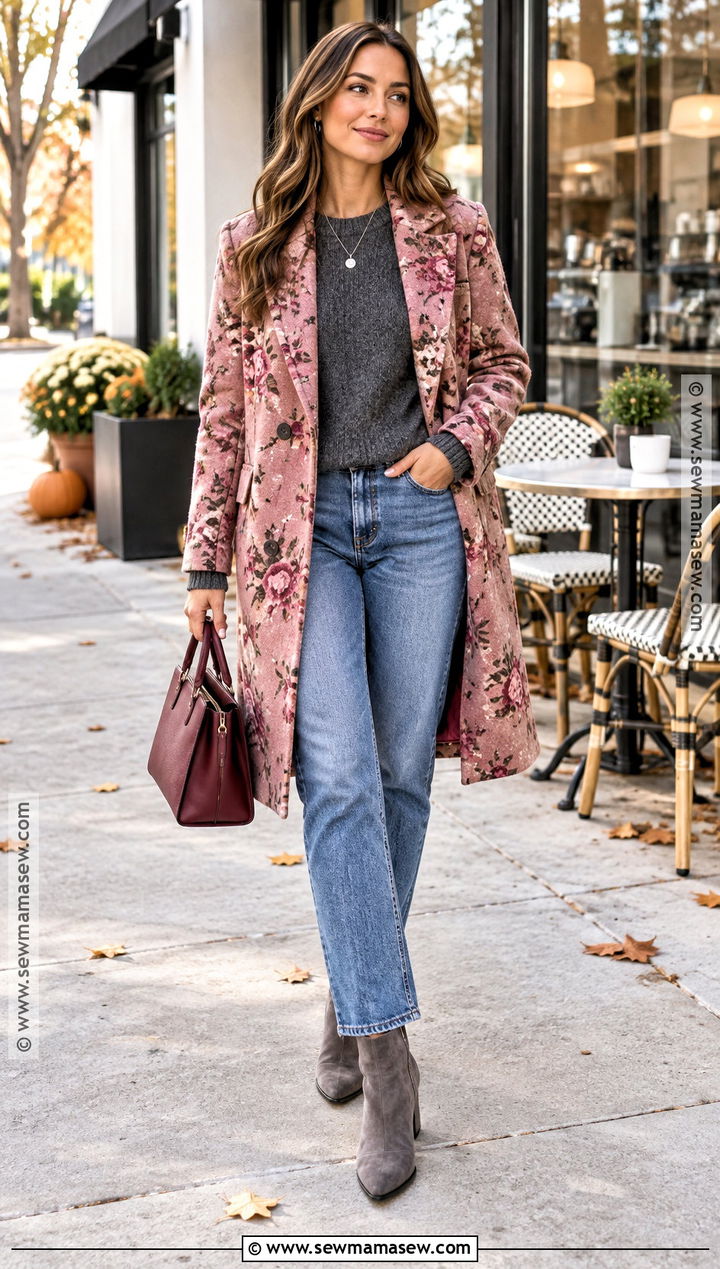Pink Floral Coat With Gray Knit And Jeans - 15 autumn floral coat style ideas