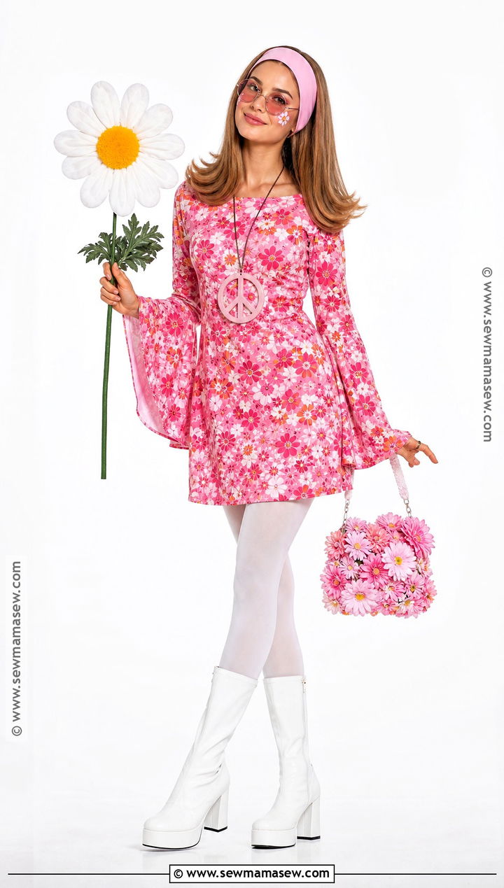 Pink Flower Power Hippie Costume With Mini Dress - 45 hippie costume ideas