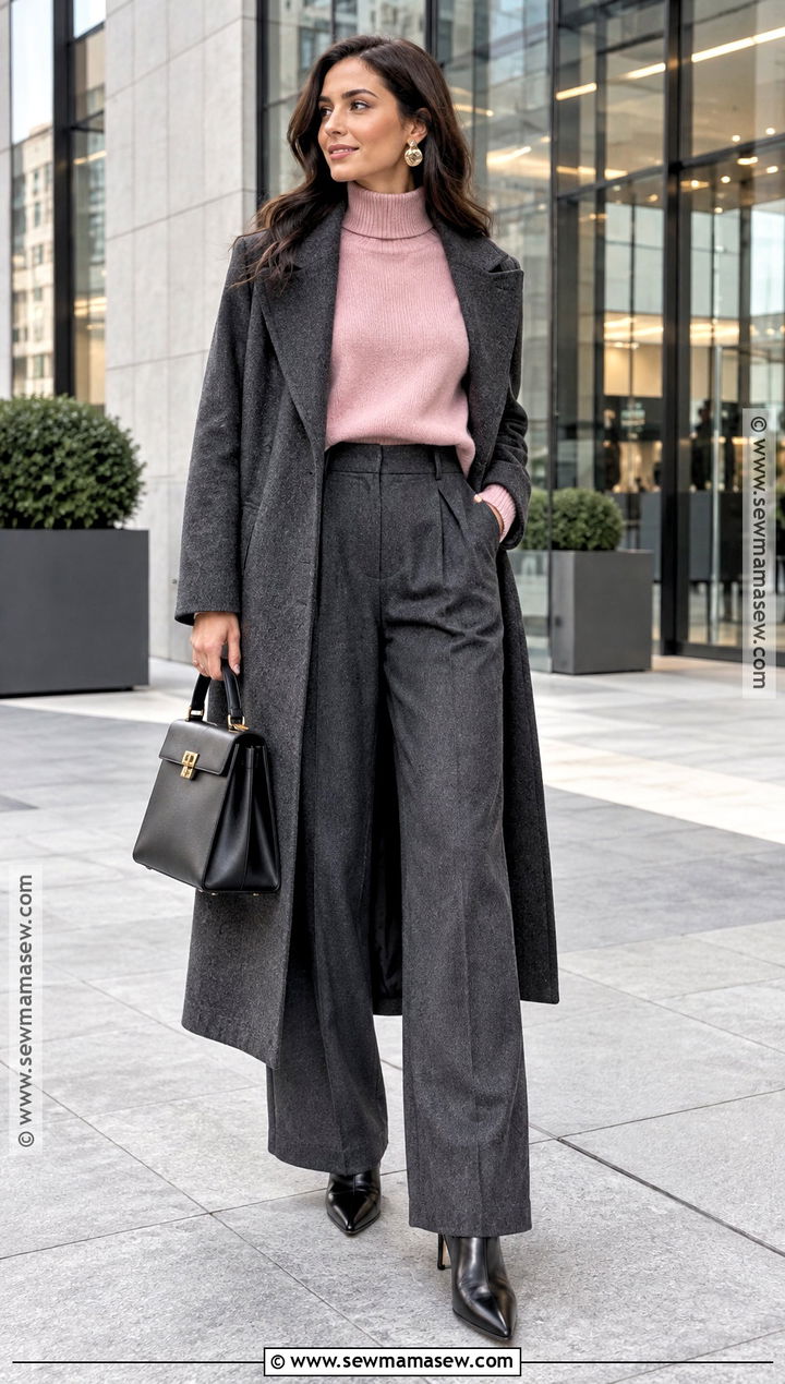Pink Funnel Neck Knit With Wide Leg Trousers - 15 fall fashion pink knit ideas
