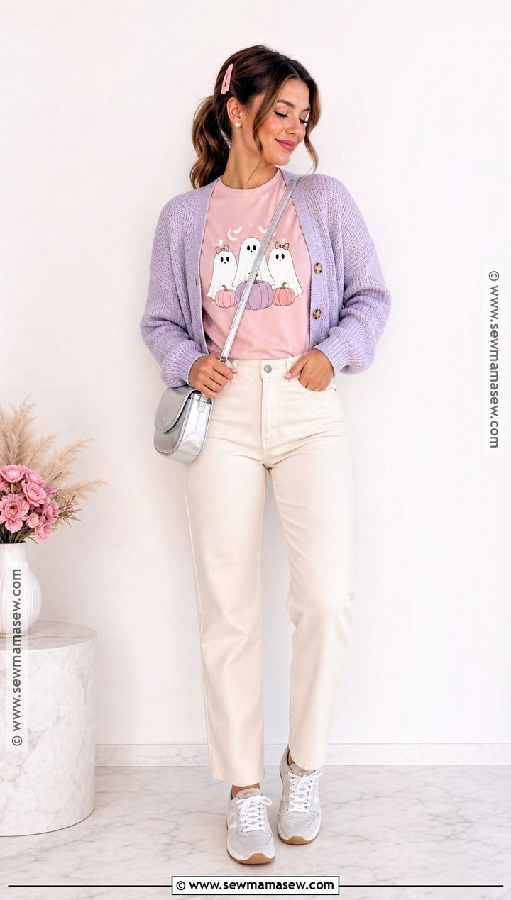 Pink Ghost Halloween T Shirt With White Jeans - 30 halloween tshirt ideas