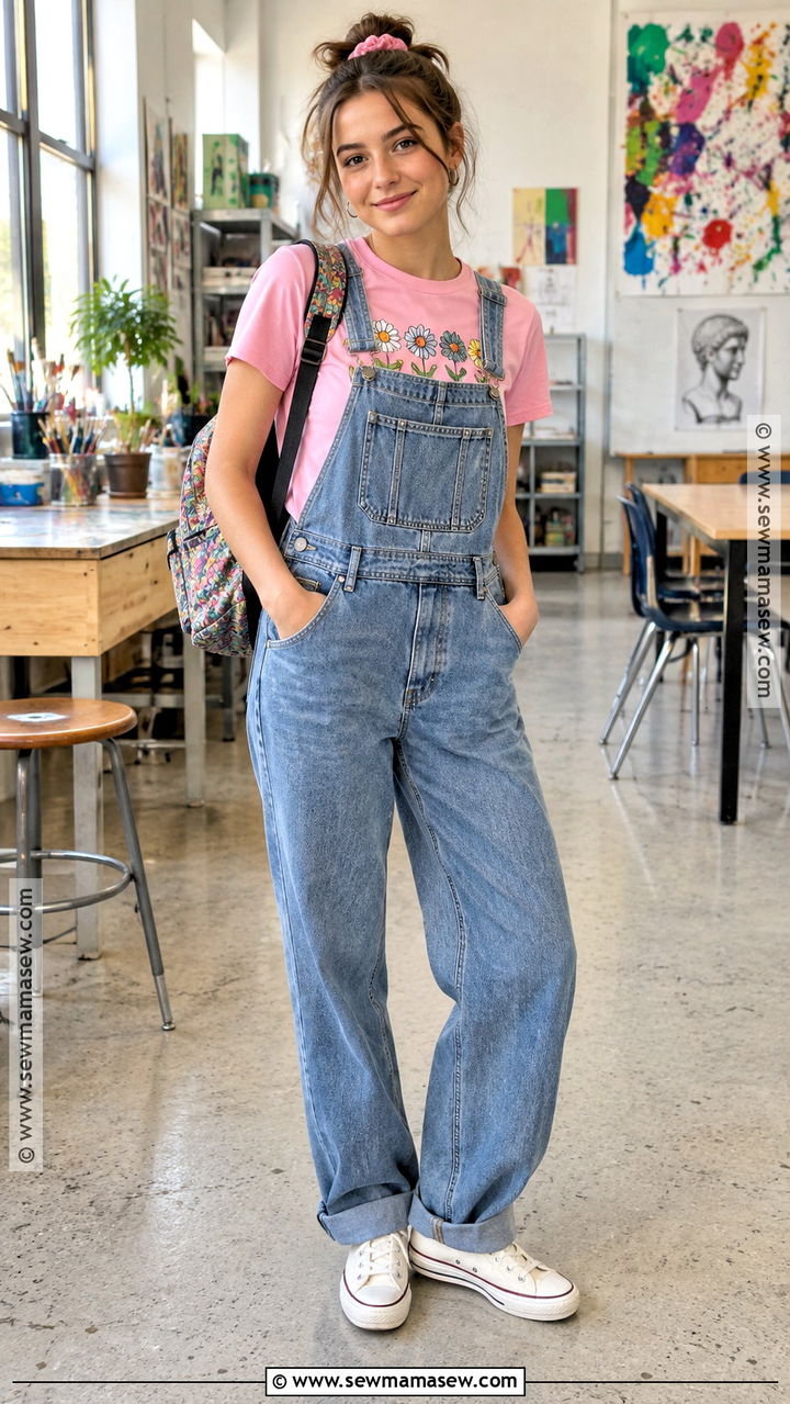 Pink Graphic Tee and Denim Overalls Outfit - 20 pink back to school outfits