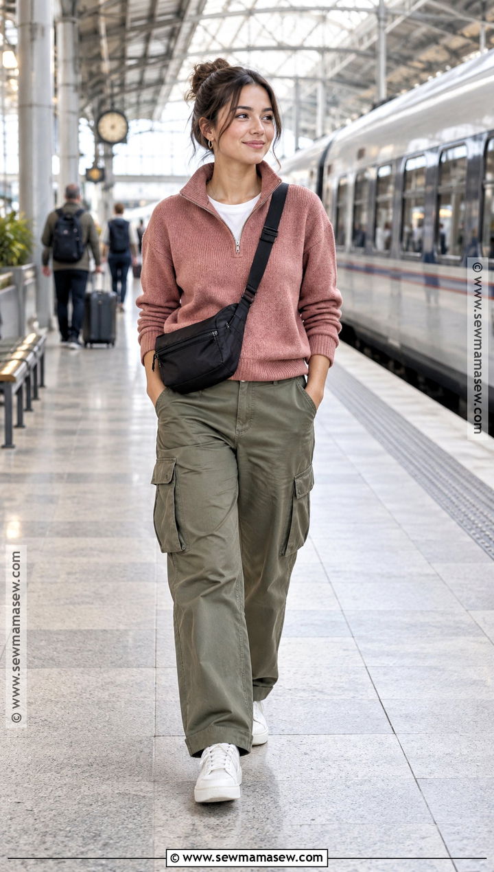 Pink Half Zip Sweater With Cargo Pants - 15 cozy pink sweater fall fashion ideas