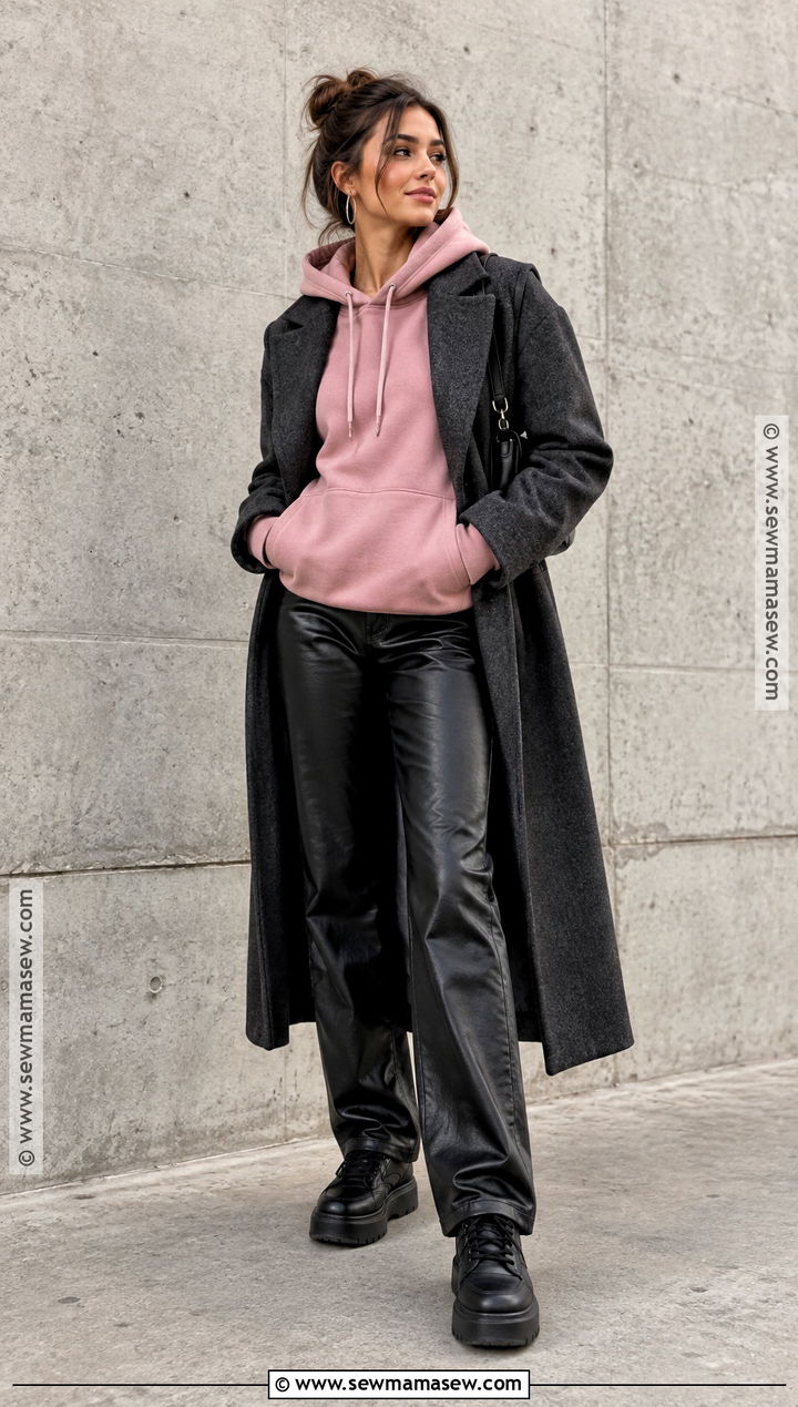 Pink Hoodie And Leather Pants Outfit - 20 pink outfits autumn