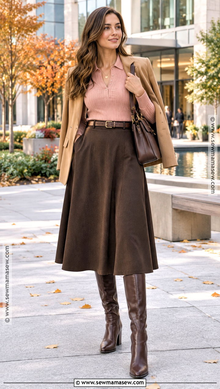 Pink Knit Polo and A Line Skirt Outfit - 25 pink fall outfits