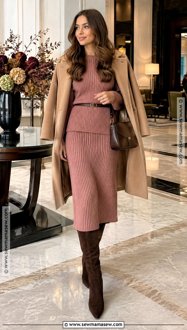 Pink Knit Set And Suede Boots Outfit - 20 pink outfits autumn