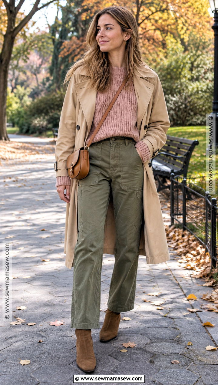 Pink Knit Sweater With Olive Utility Pants - 15 fall fashion pink knit ideas