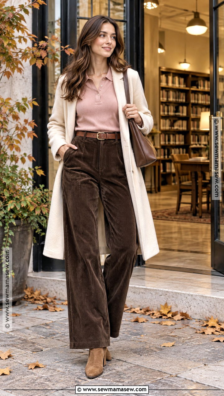 Pink Knit Top With Brown Corduroy Pants - 15 Pink Top Fall Outfit Ideas