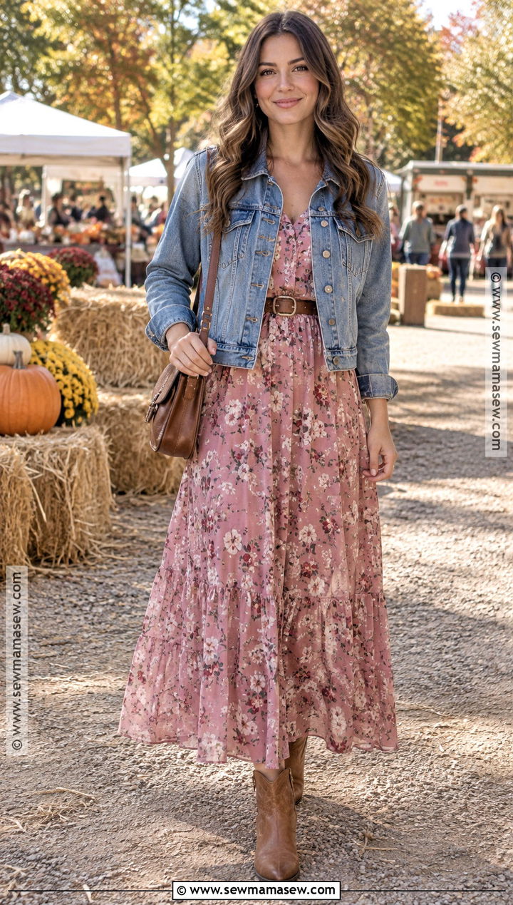 Pink Maxi Dress And Denim Jacket Autumn Outfit - 25 pink autumn outfit ideas