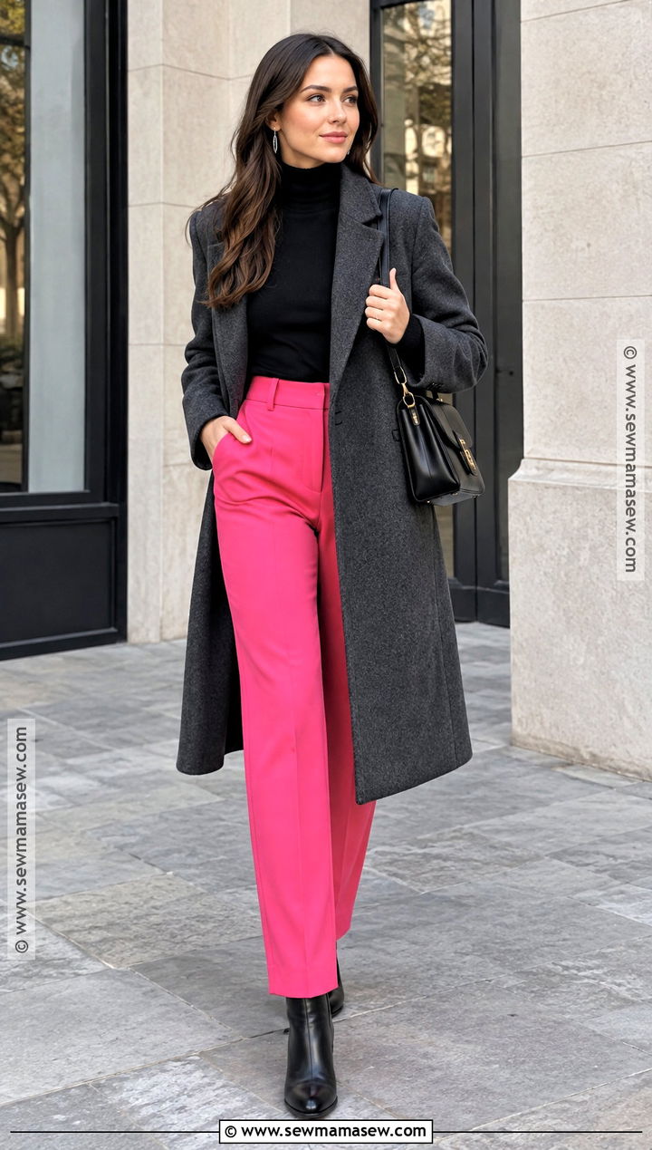 Pink Pants With Black Turtleneck and Ankle Boots - 15 fall outfit pink pants