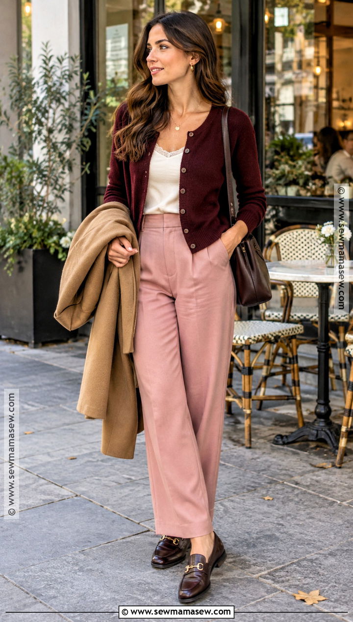 Pink Pants With Burgundy Cardigan - 20 pink pants fall outfit