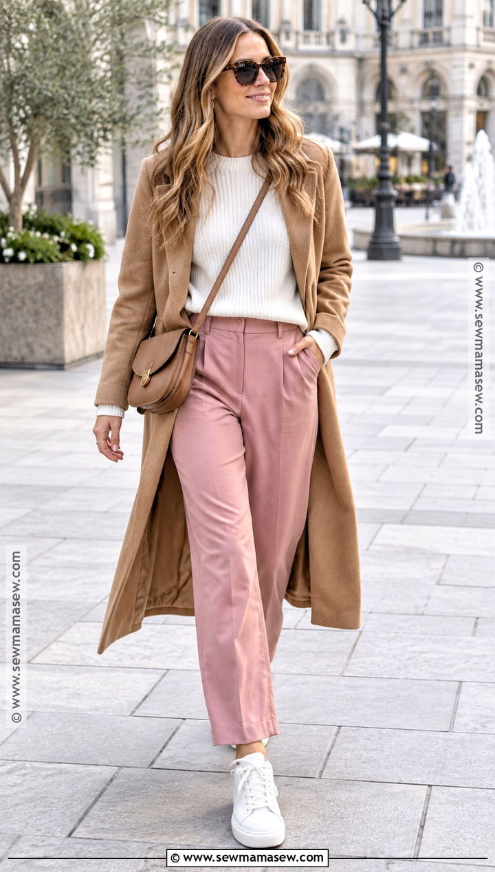 Pink Pants With Camel Coat and White Sneakers - 15 fall outfit pink pants