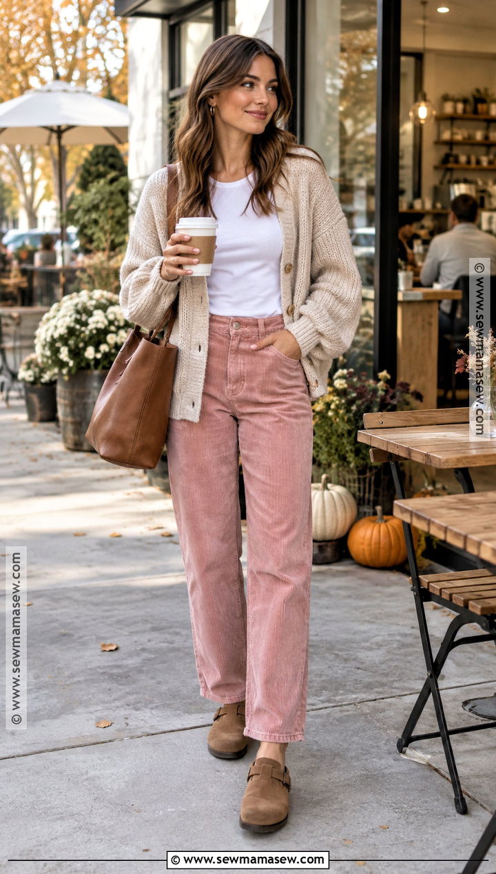Pink Pants With Chunky Cardigan and Clogs - 15 fall outfit pink pants