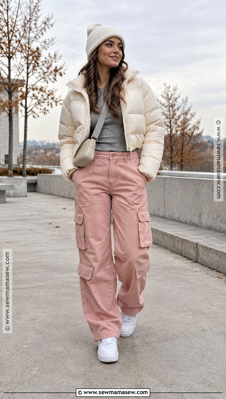 Pink Pants With Cropped Puffer Jacket - 20 pink pants fall outfit