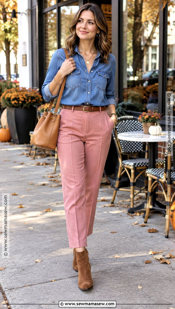 Pink Pants With Denim Shirt and Suede Boots - 15 fall outfit pink pants