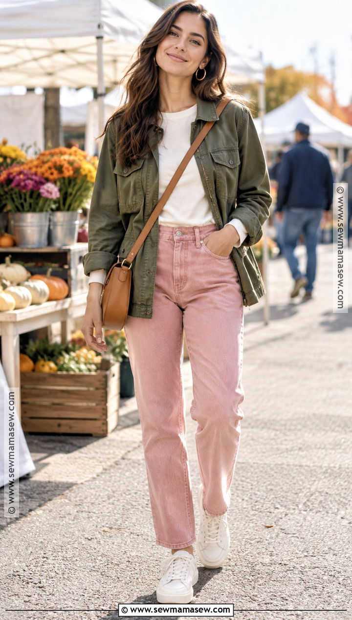 Pink Pants With Olive Jacket and Sneakers - 15 fall outfit pink pants