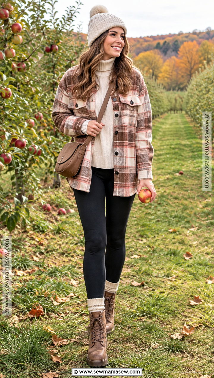 Pink Plaid Shacket and Leggings Outfit - 15 Pink Fall Fashion Ideas