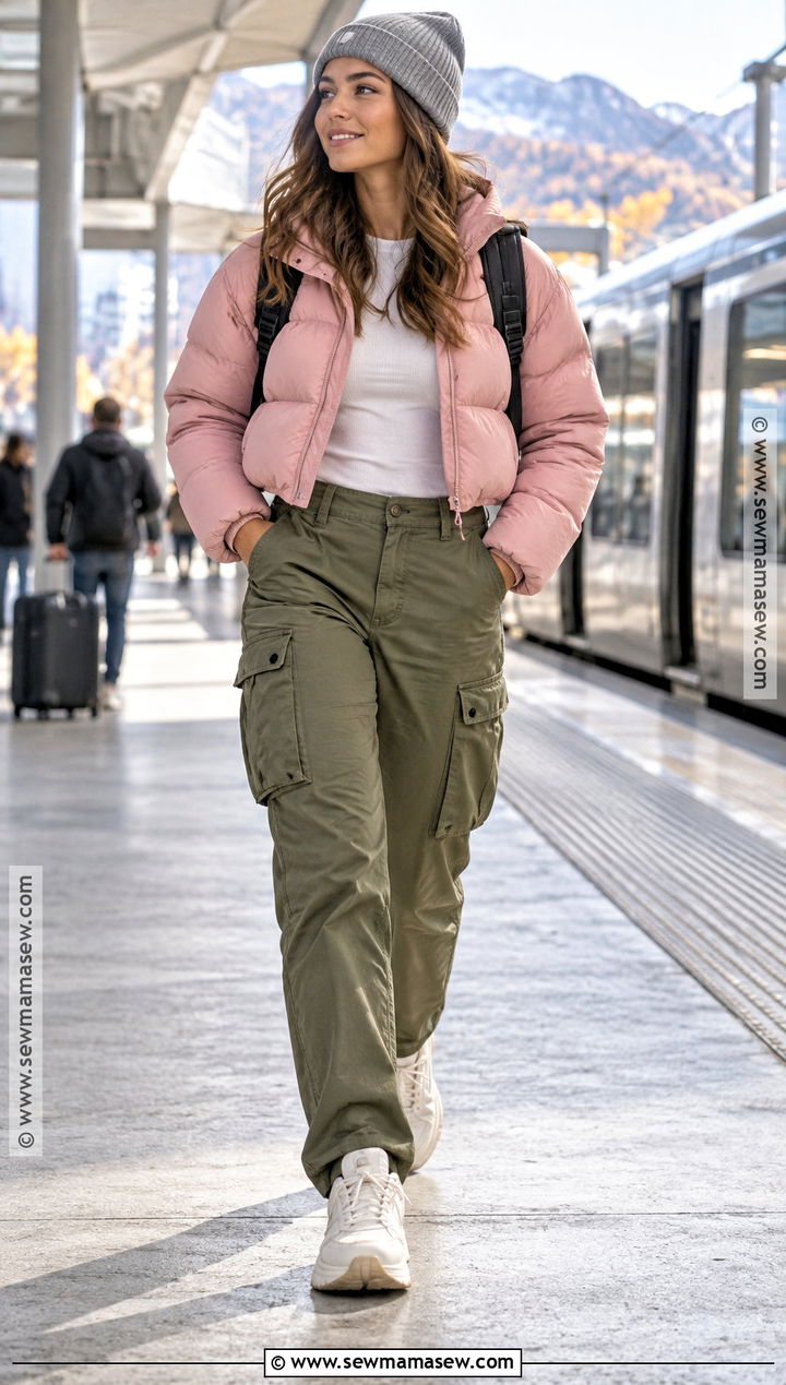 Pink Puffer Coat With Cargo Pants And Sneakers - 15 autumn pink coat style ideas