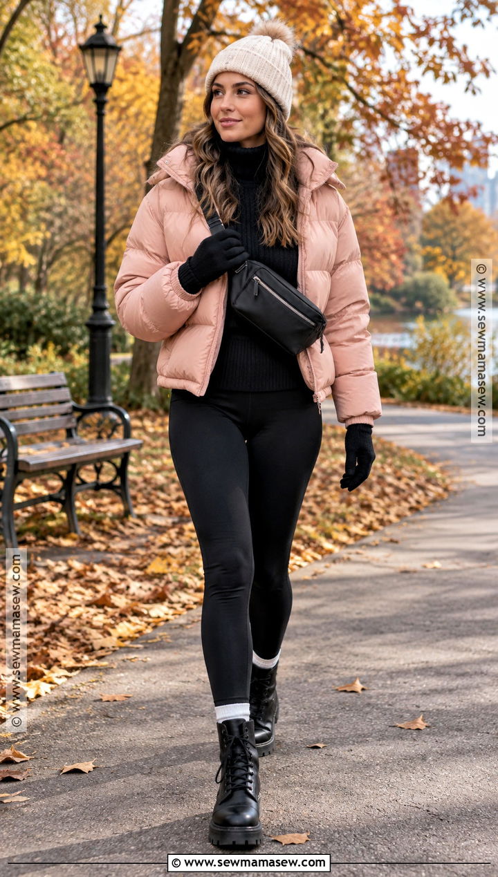Pink Puffer Jacket and Black Leggings Outfit - 25 pink fall outfits