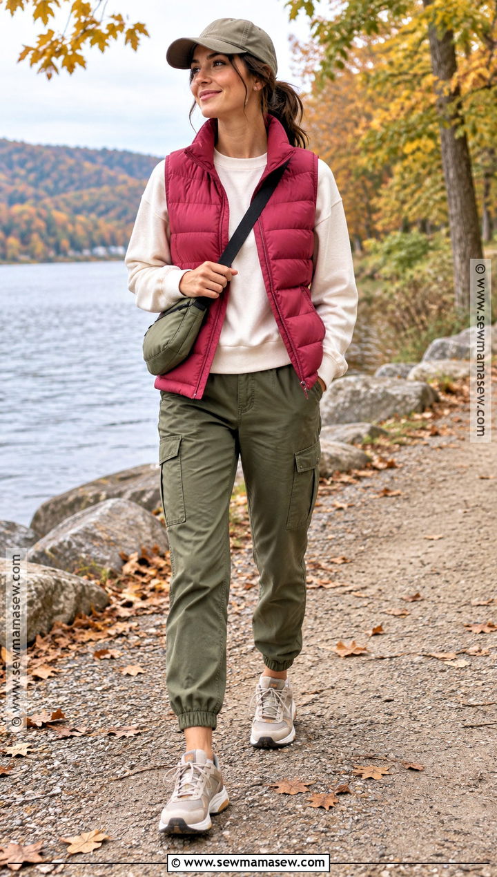 Pink Puffer Vest and Cargo Pants Outfit - 15 Pink Fall Fashion Ideas