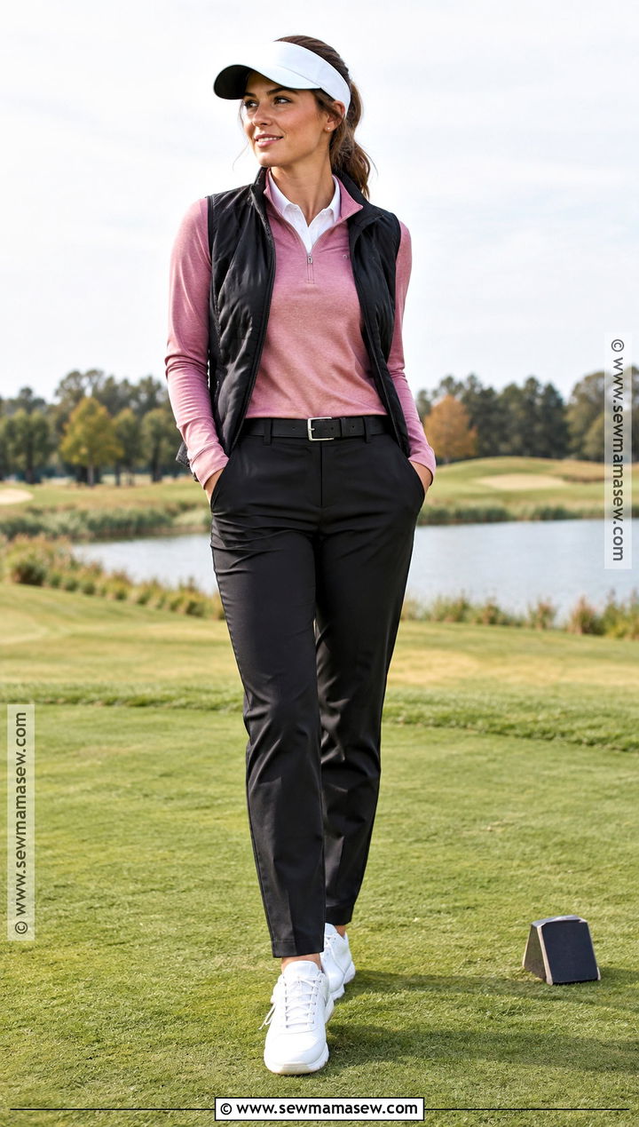 Pink Quarter Zip And Black Golf Pants - 25 fall golfing outfits for women