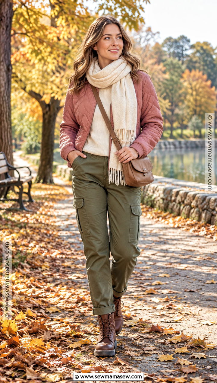 Pink Quilted Jacket And Olive Cargo Pants Autumn Outfit - 25 pink autumn outfit ideas
