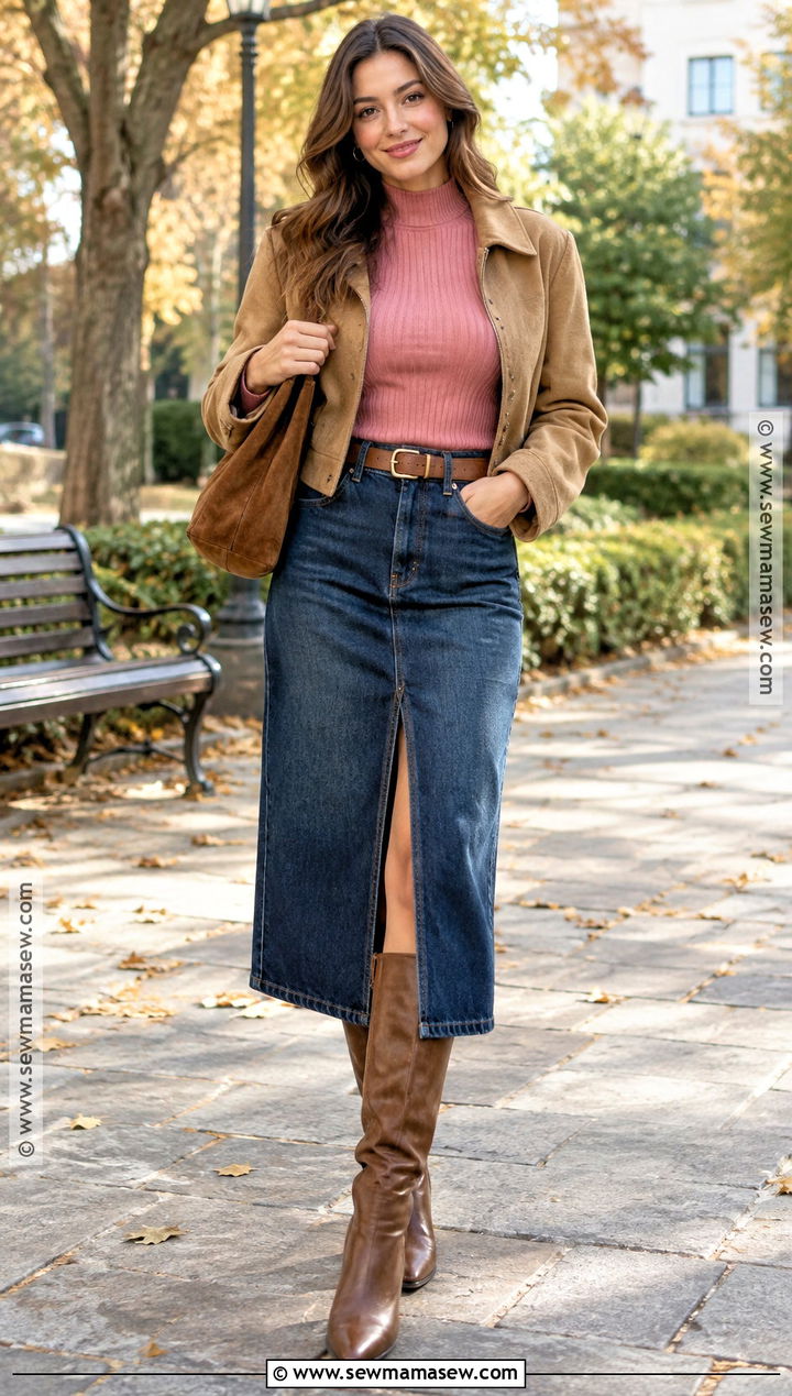 Pink Ribbed Top With Denim Midi Skirt - 15 Pink Top Fall Outfit Ideas
