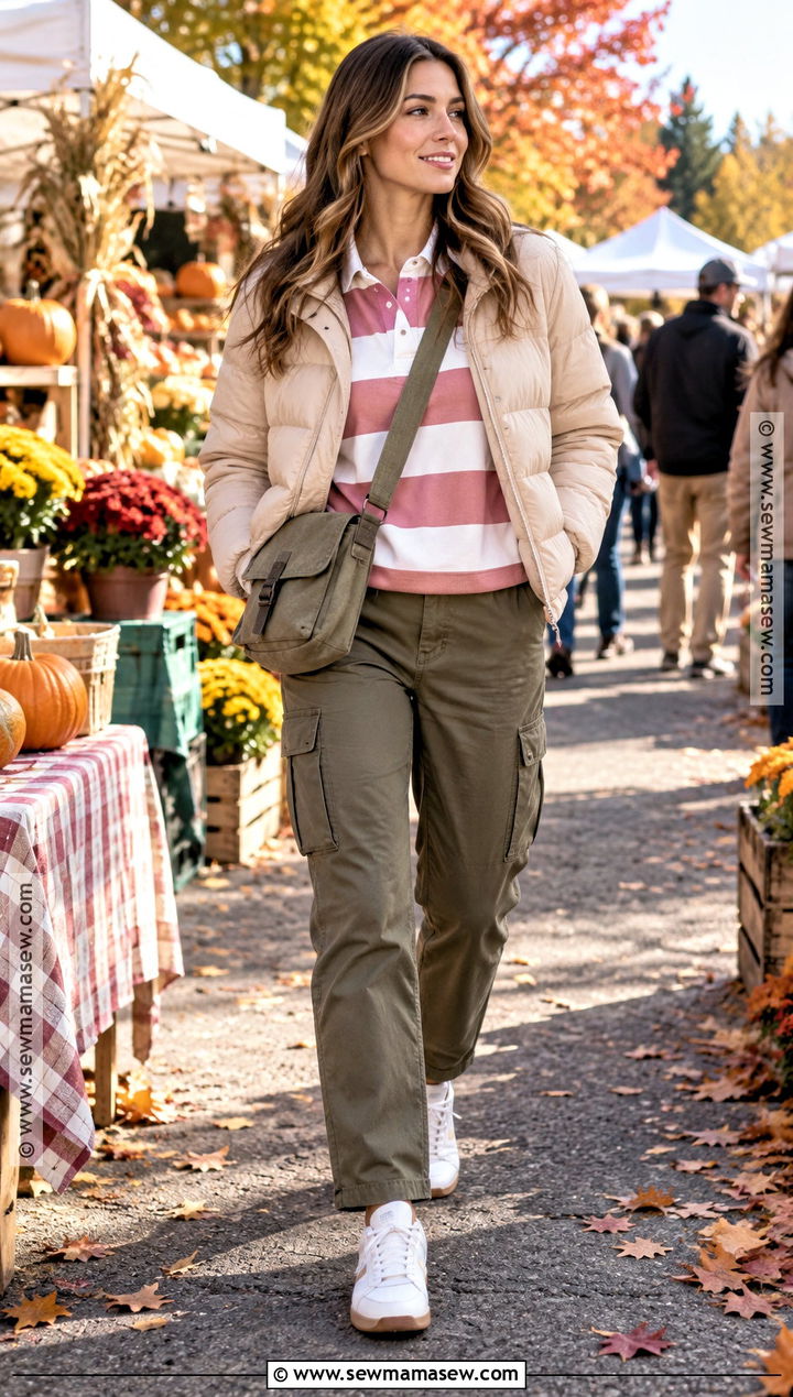 Pink Rugby Sweater And Cargo Pants Autumn Outfit - 25 pink autumn outfit ideas