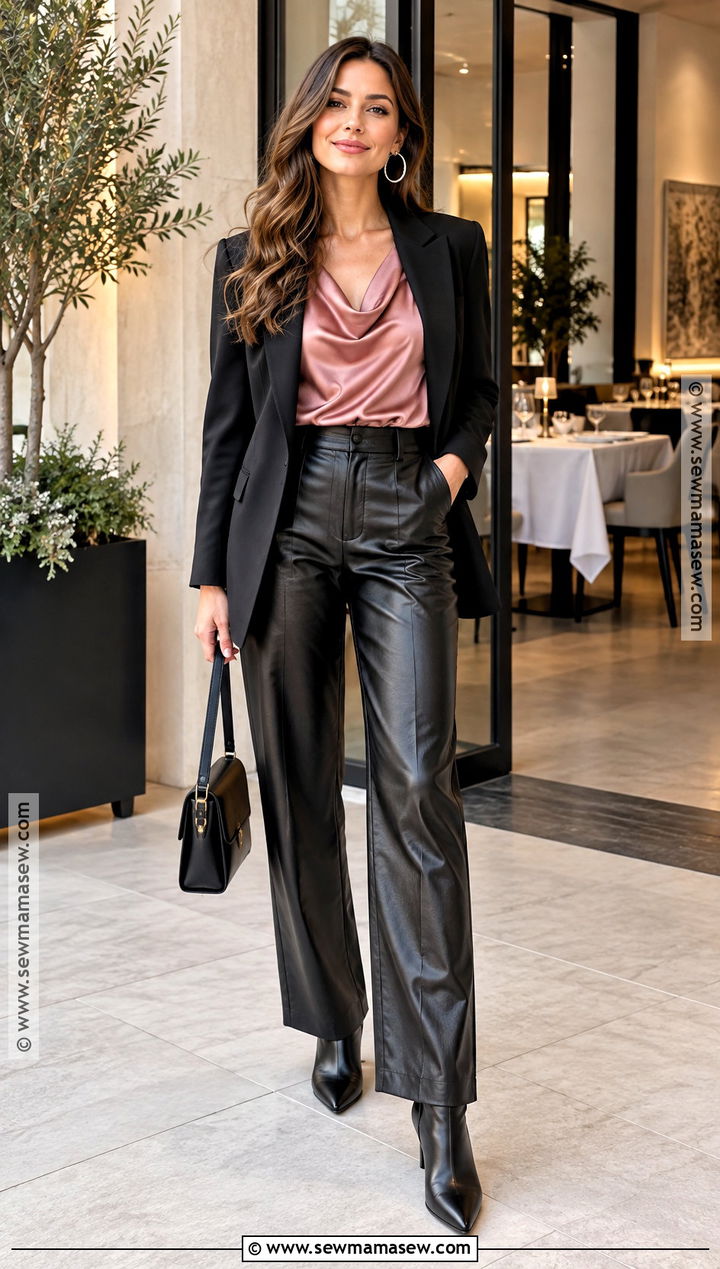 Pink Satin Blouse With Black Leather Pants - 15 fall fashion pink top ideas