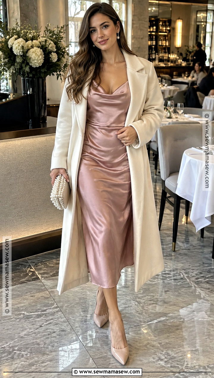 Pink Satin Midi Dress With Cream Coat - 20 november birthday dress ideas