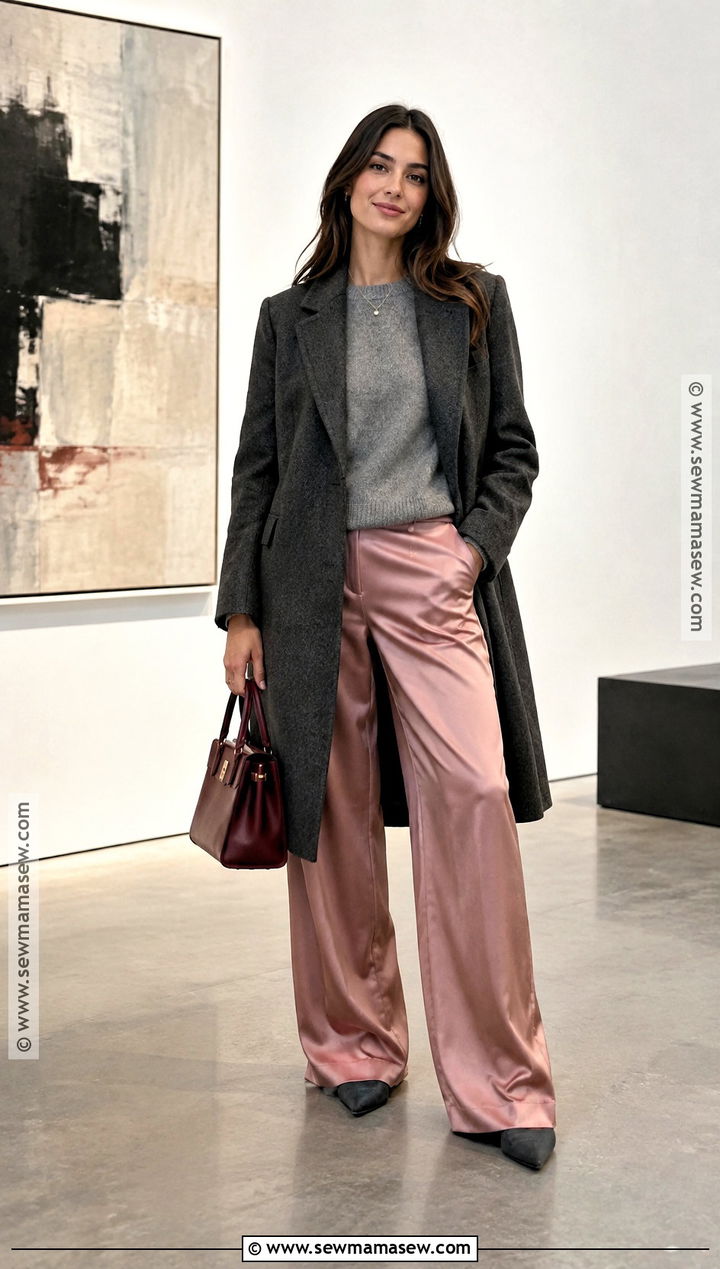 Pink Satin Pants With Gray Knit - 15 pink pants fall