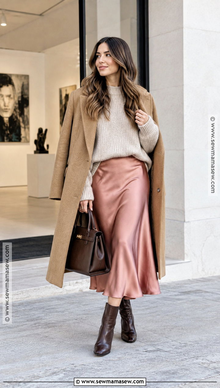 Pink Satin Skirt And Chunky Sweater Autumn Outfit - 25 pink autumn outfit ideas