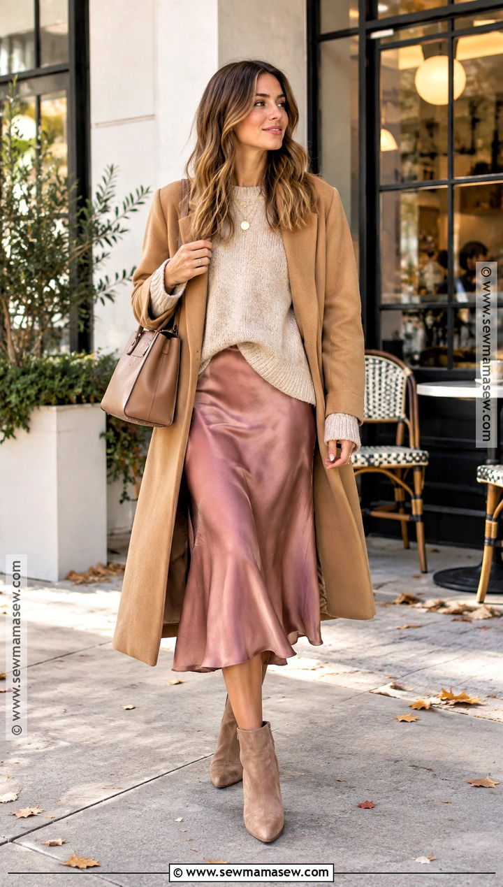Pink Satin Skirt With Oversized Sweater - 15 pink fall aesthetic outfits