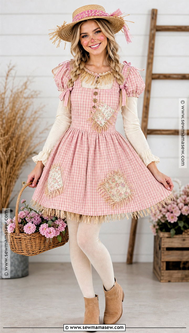 Pink Scarecrow Costume With Gingham Dress - 50 scarecrow costume ideas