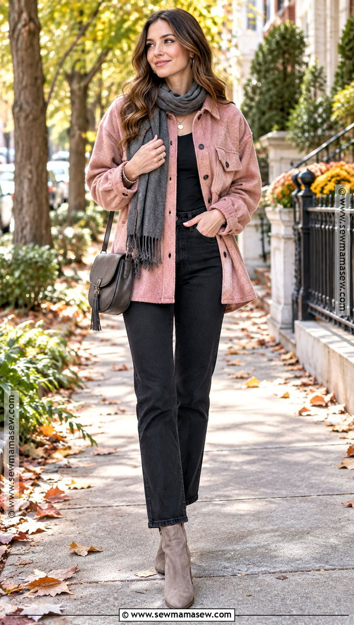 Pink Shacket And Black Jeans Outfit - 20 pink outfits autumn