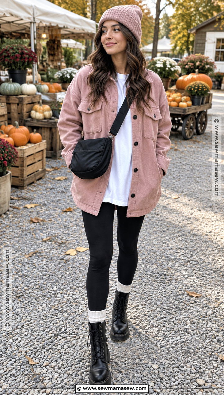 Pink Shacket With Black Leggings - 15 pink fall aesthetic outfits