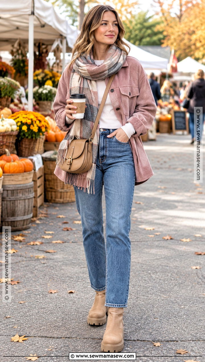 Pink Shacket With Straight Leg Jeans - 15 autumn pink jacket ideas