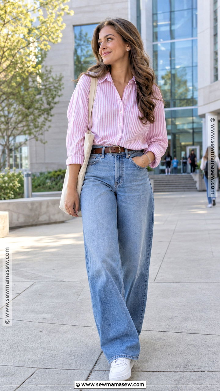 Pink Striped Shirt and Wide Leg Jeans Outfit - 20 pink back to school outfits