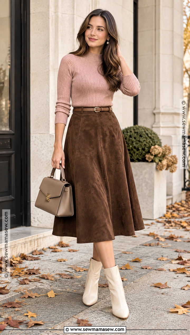 Pink Sweater And Brown Skirt Fall Outfit - 20 fall girly outfits