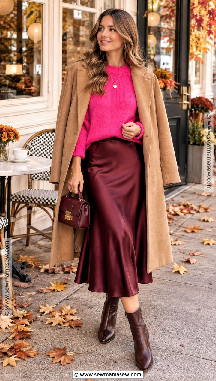 Pink Sweater And Burgundy Skirt Autumn Outfit - 20 colorful autumn outfits