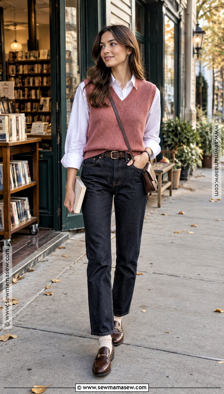 Pink Sweater Vest With White Shirt And Jeans - 15 Pink Top Fall Outfit Ideas