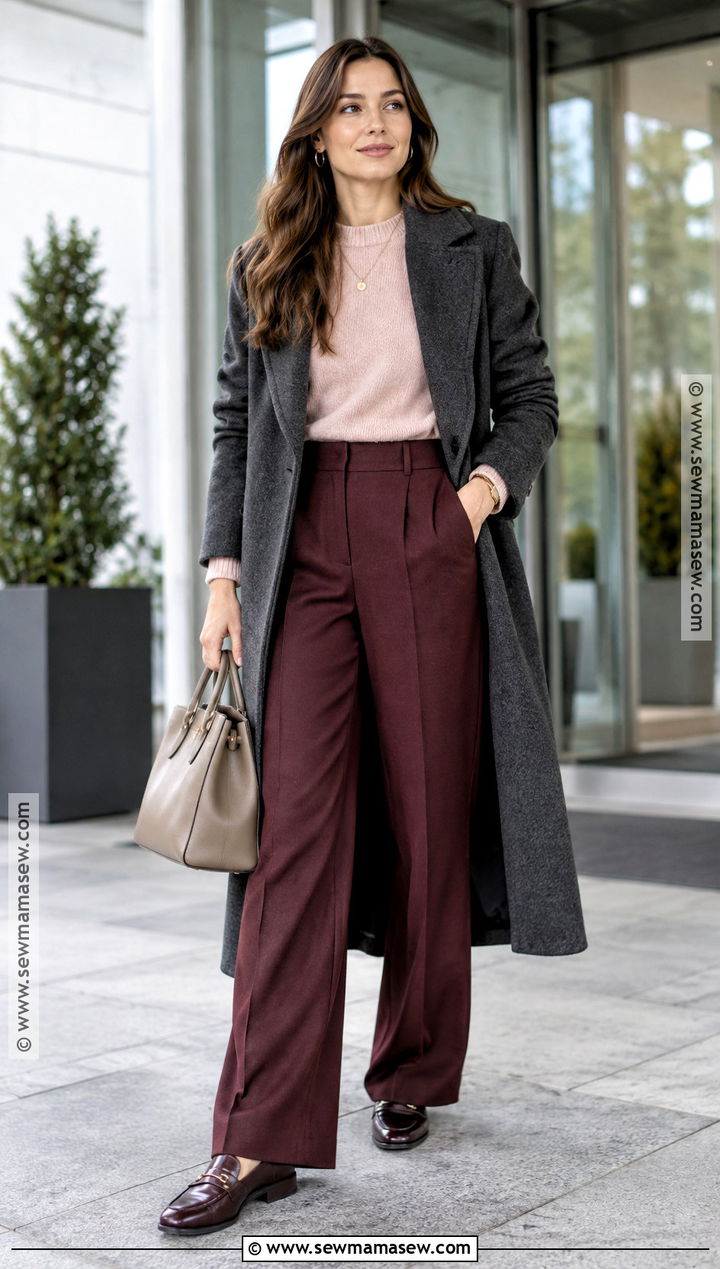 Pink Sweater With Burgundy Trousers - 15 cozy pink sweater fall fashion ideas
