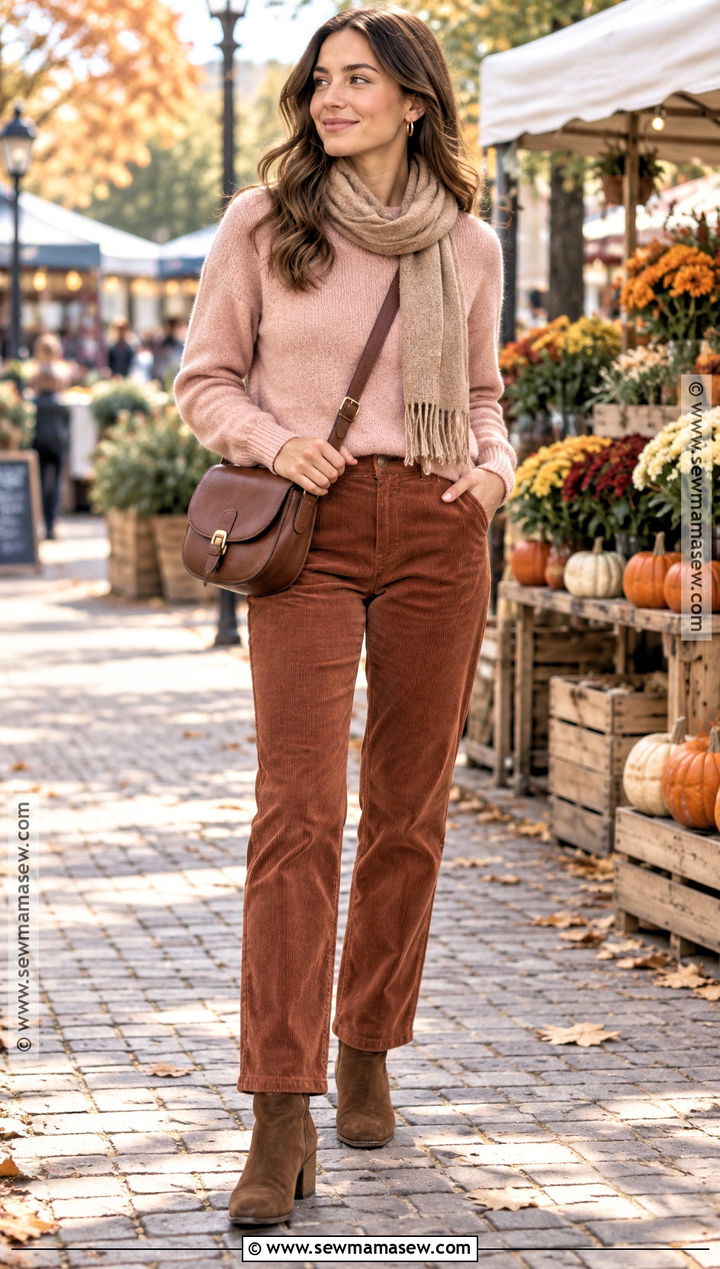 Pink Sweater With Corduroy Pants - 15 cozy pink sweater fall style ideas