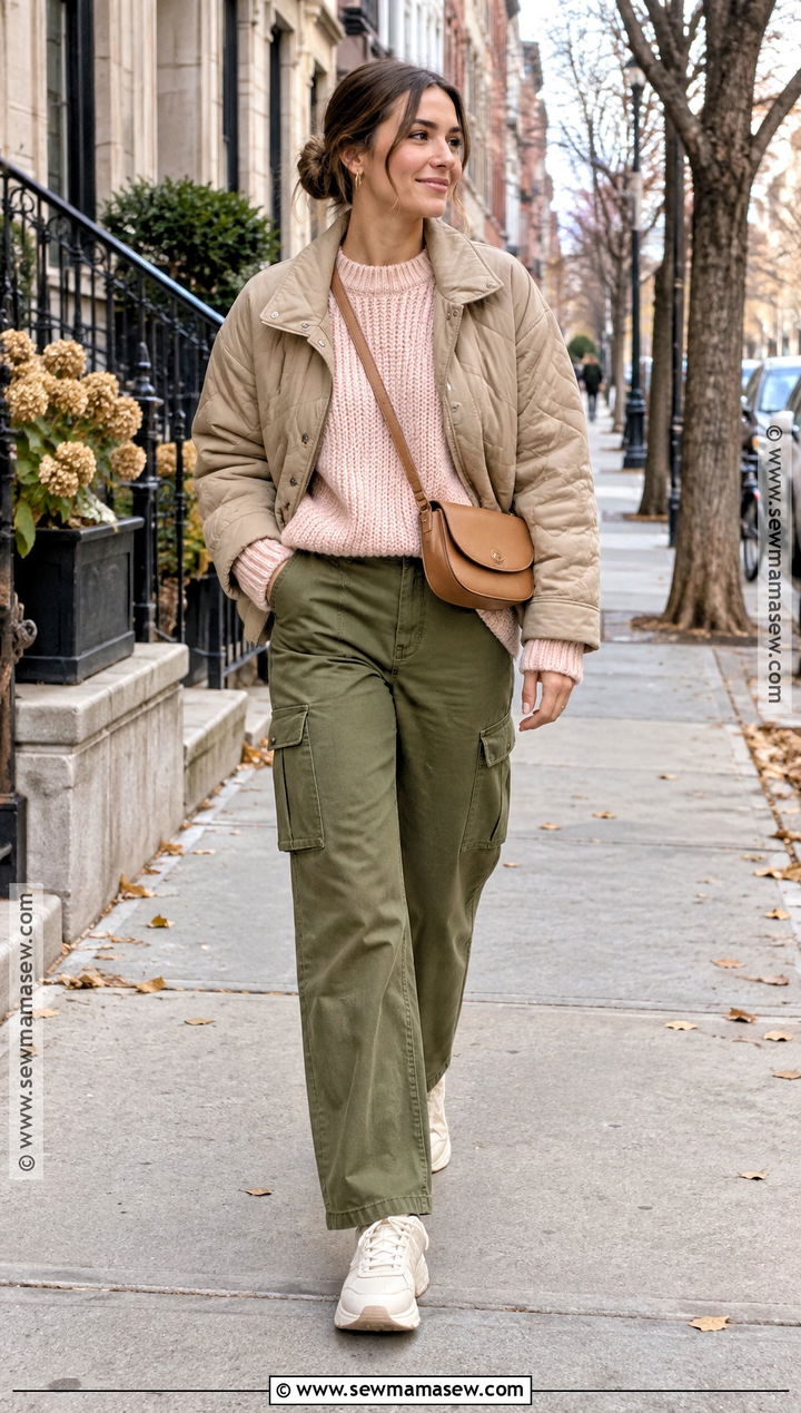 Pink Sweater With Olive Cargo Pants - 15 cozy pink sweater fall style ideas